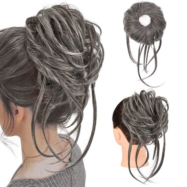 HOOJIH Messy Bun Hair Piece, Super Long Tousled Updo Hair Bun Extensions Wavy Hair Wrap Ponytail Hairpieces Hair Scrunchies with Elastic Hair Band for Women HB007 Grace - Gray with Deep Brown Mixed