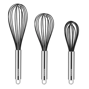 NileHome Whisk Commercial Whisks Stainless Steel &amp; Silicone Non-Stick Coated Small Whisk Set 8" 10" 12" Kitchen Wisk Wire Whisks for Cooking 3 Pack, Black