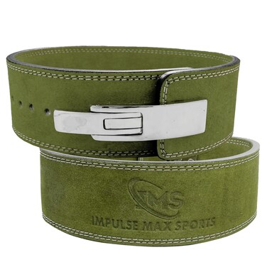 IMPULSE MAX SPORTS Premium Leather Lever Belt for Weightlifting 10mm Thick, 4" Wide Powerlifting, Lower Back Support GYM Belts (Olive Green, X-Large)