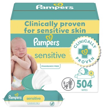 Pampers Baby Wipes Sensitive, Water Based Baby Wipes, Hypoallergenic and Unscented Baby Wipes, 504 Wipes Total (6 Flip-Top Packs)