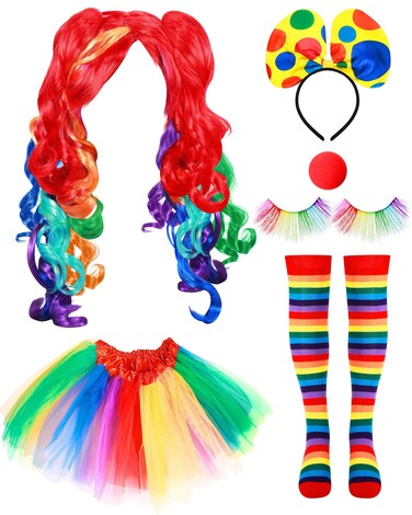 Canlierr 6 Pieces Halloween Rainbow Wig Rainbow Tutu Cosplay Wig Rainbow Clown Costume Eyelashes Red Nose for Girls Women Cosplay (Small)