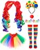Canlierr 6 Pieces Halloween Rainbow Wig Rainbow Tutu Cosplay Wig Rainbow Clown Costume Eyelashes Red Nose for Girls Women Cosplay (Small)