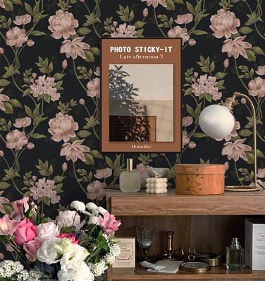 Dimoon 78.7"x16.1" Floral Peel and Stick Wallpaper Black Contact Paper Green Leaf Vintage Waterproof Pink Flowers Plant Self Adhesive Wallpaper for Bedroom Removable Shelf Liner Decal Vinyl Roll