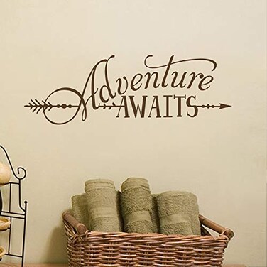 BATTOO Adventure Awaits Wall Decal Quote, Vinyl Lettering with Arrow, Adventure Quote Travel Wall Decal Sticker 32" W 11" H, Tribal Theme Room Decor, Dark Brown