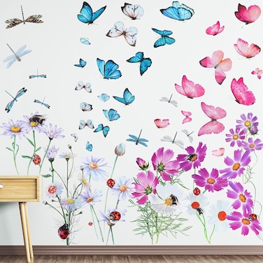 64 Pcs Flowers Butterflies Wall Decals Chrysanthemums Dragonflies Wall Sticker Botanical Peel and Stick Art Removable PVC Garden Decal for Nursery Bedroom Decor(Red)
