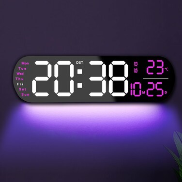 YUANRANER 13.7" Digital Wall Clock Large Display with Remote Control,Dual Alarm,Auto-Dimming,Big Digits,Auto DST Clock for Bedroom Living Room Decor with 9 Adjustable Ambient Night Lights-Purple