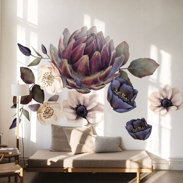 Flortlias Fabric Peel and Stick Floral Wall Decal, Self-Adhesive Peony Flowers Wallpaper, Rose Sticker for Living Room Bedroom Wall Decor, Eden Garden A-6 PCs