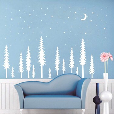 Nursery Wall Decal Forest Pine Trees with Moon Stars Wall Decor Sticker Art Removable Trees Decoration Stickers for Kids Room AM12 (White Tree White Stars)