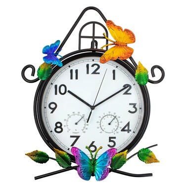 HOBYLUBY 15'' Large Outdoor Clock, Wall Clock with Thermometer &amp; Humidity Silent No-Ticking Outdoor Clocks Waterproof for Patio, Living Room, Kitchen