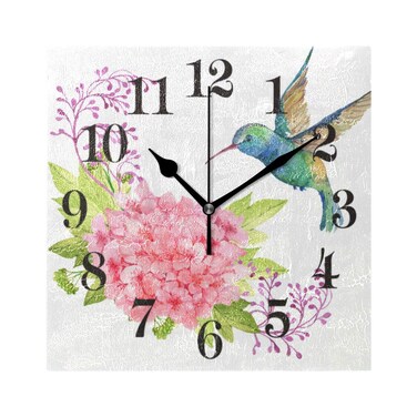 WIHVE Hummingbird Flower Vintage Square Wooden Wall Clock, 8 Inch Battery Operated Desk Hanging Clock for Home Office School