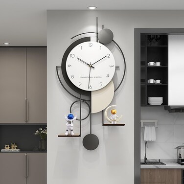 Fenuiy Modern Wall Clock Decorative Wall Clocks for Living Room Decor Large Wall Clock with Battery Operated Non Ticking Silent Metal Wall Clock with Shelf Bedroom Study Office 32 Inch