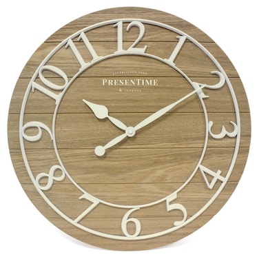 Presentime &amp; Co Classic Farmhouse Shiplap Clock, 19.5 inch, White Arabic Numerals with Ash Wood Shiplap Style. Large Farmhouse Decor for Living Room, Entryway, Home Office, Wall D&Atilde;&copy;cor