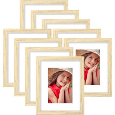 Vittanly 8x10 Picture Frames Set of 9, Shatter Resistant Plexiglass, Display 5x7 Pictures with Mat or 8x10 without Mat, Photo Frames for Wall or Tabletop, Engineered Wood, OAK