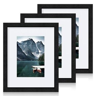 Hongkee 8x10 Black Picture Frames set of 3, Made of Wooden and Glass Photo frame - Displays Picture 5x7 with Mat or 8 x 10 without Mat, Desktop &amp; Wall Collage Frame set