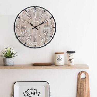 EMAX HOME 12 Inch Farmhouse Wall Clock Rustic Antique Wood with Metal Circle and Large Engraved Numerals, Silent Battery Operated Wall Clock for Office Kitchen Bedroom Living Room