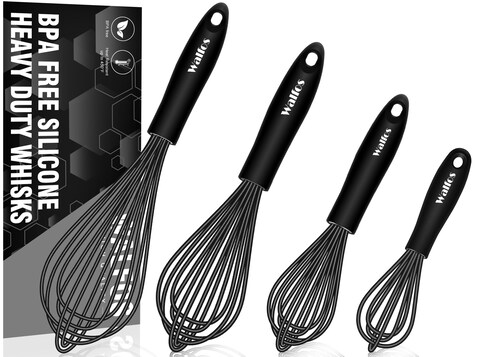 Silicone Whisk Set, Walfos 8.5&#39;&#39;+10&#39;&#39;+12&#39;&#39; Balloon Whisk and 6.7&#39;&#39; Mini Whisk Set for Blending Beating Stirring and Kitchen Cooking&iuml;&frac14;&circ;Black&iuml;&frac14;&permil;