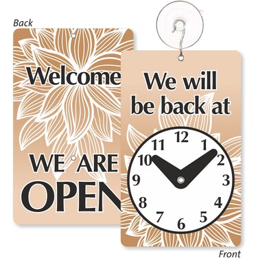 SmartSign &acirc;&euro;&oelig;We Will Be Back - Welcome We are Open&acirc;&euro; Two-Sided Be Back Clock Sign   7.75" x 4.75" Plastic