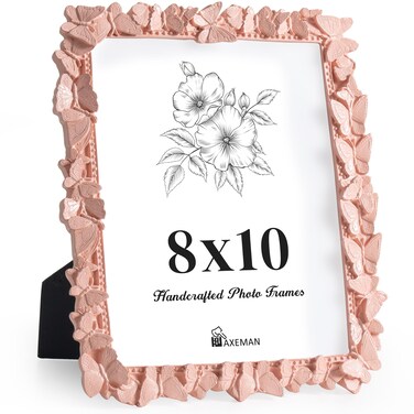 Axeman 8x10 Picture Frame with High Tempered Glass, Butterfly Textured Hand-Crafted Resin Cute Photo Frame with Easel &amp; Hook for Tabletop &amp; Wall Display, Pink