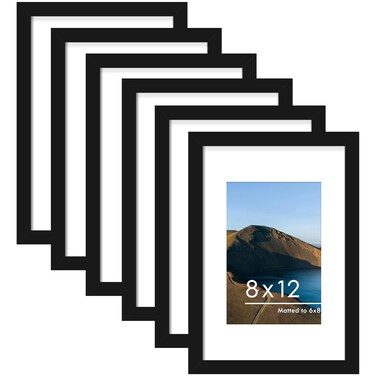 PEALSN 8x12 Picture Frame Set of 6, Display Pictures 6 x 8 with Mat or 8 x 12 Without Mat for Wall Mounting or Table Top Display, Photo Frames Collage for Wall Decor, Black