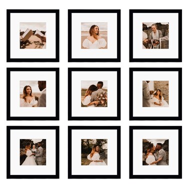 BSRHOME 8x8 Picture Frame Set of 9, Display Pictures 4x4 with Mat or 8x8 without Mat, Multi Collage Gallery Square Photo Frames for Wall or Tabletop, Black