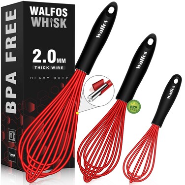 Walfos Whisk,Silicone Whisks- Heat Resistant&iuml;&frac14;&circ;480&Acirc;&deg;F&iuml;&frac14;&permil; Silicone Whisks for Cooking Non Scratch,BPA free and Dishwasher Safe.Perfect for Blending,Whisking,Beating, Set of 3(Red)