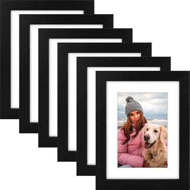 AUEAR, 6x8 Picture Frames Set of 6, with Mat for 4x6 or 6x8 without Mat, Composite Wood Gallery Photo Frames with Plexiglass, Wall Mounting or Table Top Display (Black)