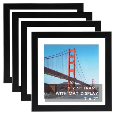 OMISHE 4 Pack 9x9 inch Picture Frames Black for Wall Hanging or Tabletop Poster, Frame Display 7x7 inch with Mat or 9x9 Without Mat, Square Wall Gallery Photo Frames, Black