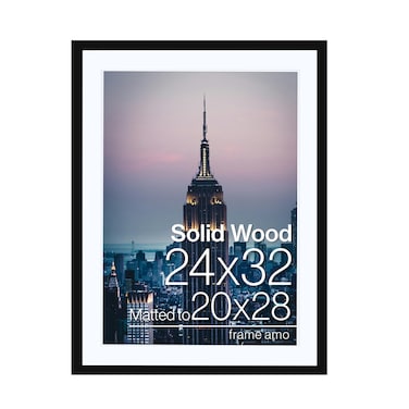 Frame Amo 24x32 Black Solid Wood Picture Frame with 19.5x27.5 White Mat Opening for 20x28 Image, 1 Inch Border, Acrylic Face