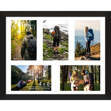 Lacopgr 4"x6" Wood Photo Collage Frame 5 Openings, 11"x14" Multi Picture Frame Collage Wall Decor, Brushed Black Frame with White Mat, Solid Pine Wood
