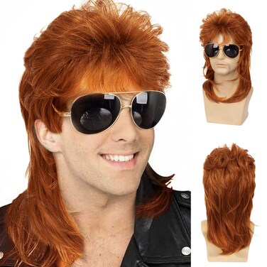 Sallcks Mens Mullet Wigs Orange Curly 70s 80s Retro Cosplay Costume Wig Rocker Disco Fancy Show Wigs
