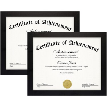 Frametory, 8.5 x 11 Picture Frame with Back Hangers for Wall Display, Easel Stand for Tabletop, for Certificates, Documents, Awards, Acknowledgements, Wide Molding (Black, 2-Pack)