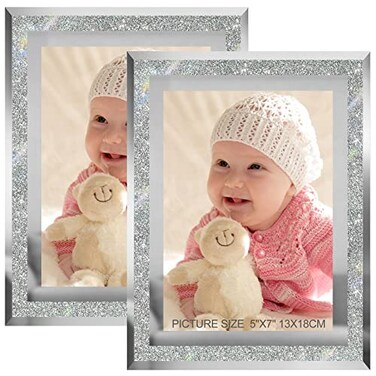 HIKWADERY 5x7 Picture Frames Silver - Set of 2, Sparkle Real Glass 5 by 7 Photo Frame Mirrored Edge Great Gift, for Tabletop Display (5 x 7, Glitter Silver)