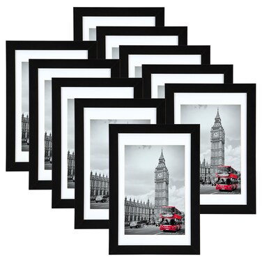 Giftgarden 4x6 Picture Frame Set of 10, Matted to 3.5x5 Photos with Mat or 6x4 Pictures without Mat, Multi Black Frames for Tabletop Wall Display