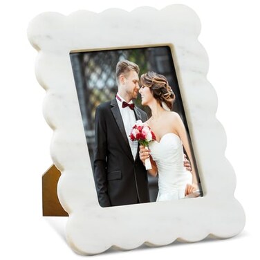 Yalikop Scalloped Marble Frame Marble Picture Frame Display Photos Frame Tabletop Display White Frame Home Picture Frame with Acrylic Transparent Board Decor for Bookshelf Table Home(4 x 6 Inches)