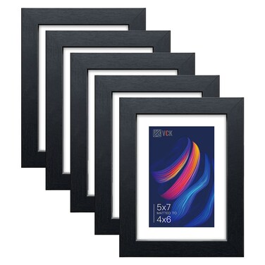 VCK 5x7 Picture Frame Black Set of 5, Textured Exclusive Wooden Photo Frames with HD Glass   Matted to 4x6 or 5x7 without Mat