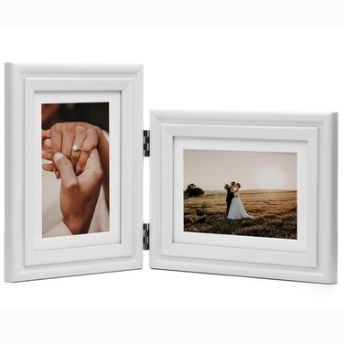 WISADD Vertical &amp; Horizontal 5X7 Picture Frames Double Hinged Wood Folding Photo Frames with Real Glass Front Fit for Desktop or Tabletop Display Pictures 4x6 with Mat or 5x7 Without Mat, White
