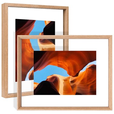 YOTINTIN 11x14 Floating Frames 2 Pack Wooden Photo Frame Double Sided Glass Picture Frame for Any Size Picture up to 11x14, Wall Mount or Tabletop Displays, Double-edged Frames, Natural