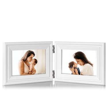 Tamolus 4x6 Double Horizontal Hinged Picture Frame Folding Photo Frame in White Pine Wood with Real Glass for Tabletop X2-BAI-2H46