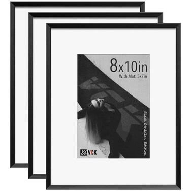 VCK 8x10 Aluminum Picture Frames Black Set of 3, Multi Metal Photo Frames Made of High Definition Real Glass for 5x7 with Mat or 8x10 Without Mat, 3 Pack Wall Mounting Photo Frames