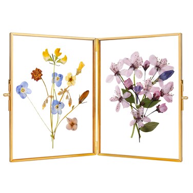 REDHUGO Glass Pressed Flower Frame Handmade, Hinged Double Press Flower Frame, Tabletop Brass Photo Frames, Rectangle Dried Flower Display Folding Frame for Home, Gold,5&Atilde;&mdash;7 Inches