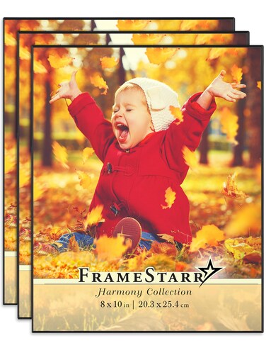 FrameStarr 8x10 Picture Frame Set (Black, 3 Pack), Front-Loading Contemporary Modern Style, Tabletop or Wall Mount, Harmony Collection