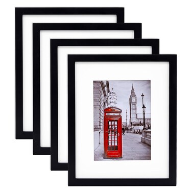 eletecpro 11x14 Picture Frame 4 Pack Made of Solid Wood and Strong Real Glass, Display 8x10 and 8.5x11 Photos with Mat or 8x10 Without Mat, Room Decor for Wall and Tabletop, Gallery Gifts Black