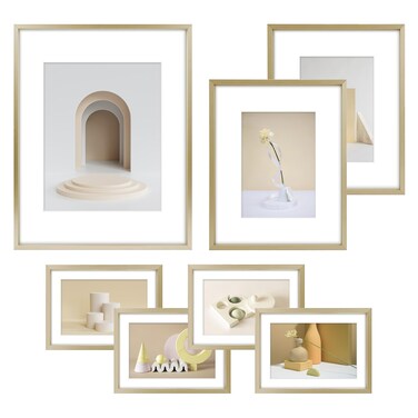 Frametory, Aluminum Picture Frames Set of 7 - Gold Gallery Wall Kit - Displays One 11x14, Two 8x10, and Four 5x7 inch Photos for Home Decoration