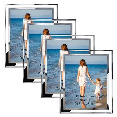 Hoikwo Bulk 8x10 Picture Frames, 4 Packs Silver Photo Frames 8 by 10, Glass Wedding Frames 8x10, Clear Mirror Wedding Photo Frames, Only for Tabletop Display Vertically or Horizontally