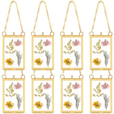 Reginary 8 Pcs 2 x 3 Inch Glass Frame for Pressed Flowers Mini Hanging Double Brass Frame Floating Glass Photo Picture Frame with Chain for Artwork Art Specimen Wall Plant DIY Decor(Gold)