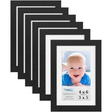 Icona Bay 4x6 Picture Frames w/Removable Mat for 3x5 Photos (Black, 6 Pack), Sleek Modern Style Frames, Table Top or Wall Mount, Serenity Collection