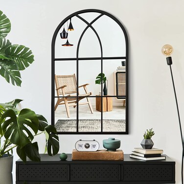 ironsmithn Arched Window Mirror, 31.5"x19.7" Grid Mirror, Windowpane Mirror, Black Metal Wall Mirror for Decor Living Room Fireplace Entryway Bedroom Hallway