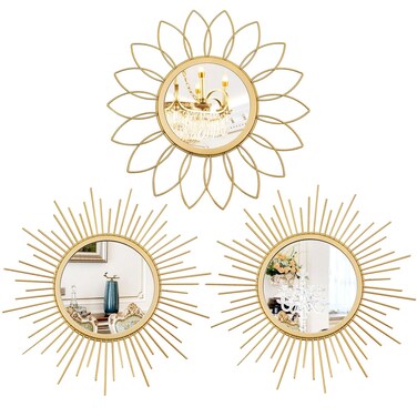 3 Pack Metal Mirrors for Wall Sunburst Wall Mirrors Home D&Atilde;&copy;cor Decorative Hanging Wall Art for Living Room Bedroom Entryway (Gold, Flower+Sunburst)