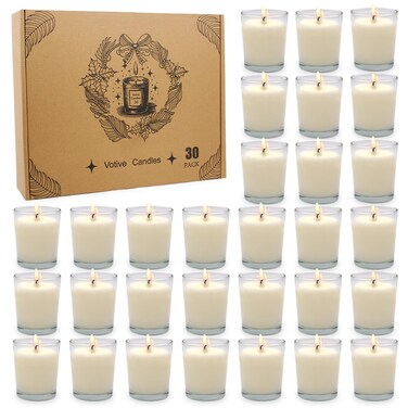 30 Packs Unscented White Votive Candles in Glass, Small Soy Wax Votives for Wedding Party Dinner Table, 1.7" W x 2" H