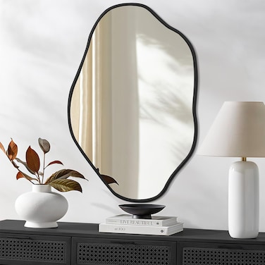 ULIKE Black Irregular Wall Mirror, 24x36 Inch Abstract Wall Decor with Wood Frame, Asymmetrical Vanity Mirror for Bathroom Bedroom Living Room Entryway